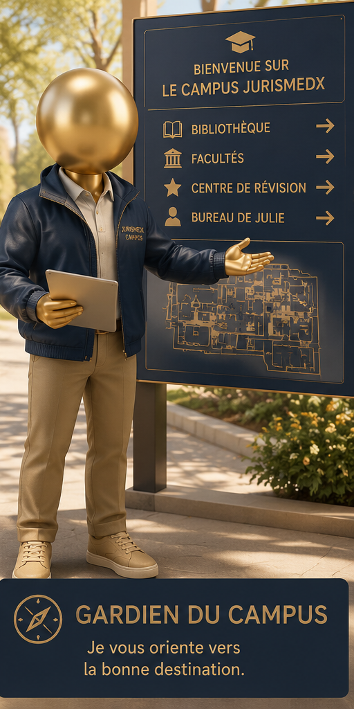 Gardien du Campus JurisMedX devant le panneau d’orientation